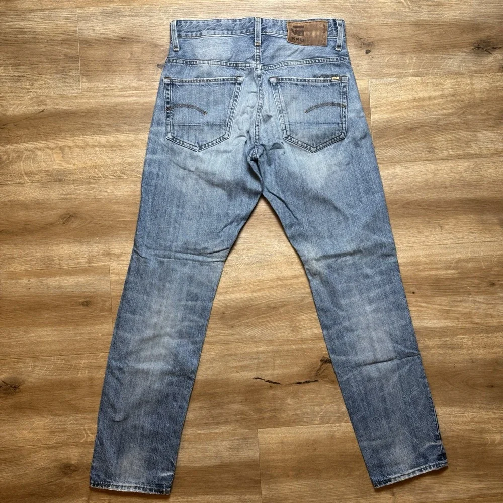 G-Star Raw 3301 Tapered Jeans Mens 27x30 Light Blue Distressed‎ Button Fly Pants